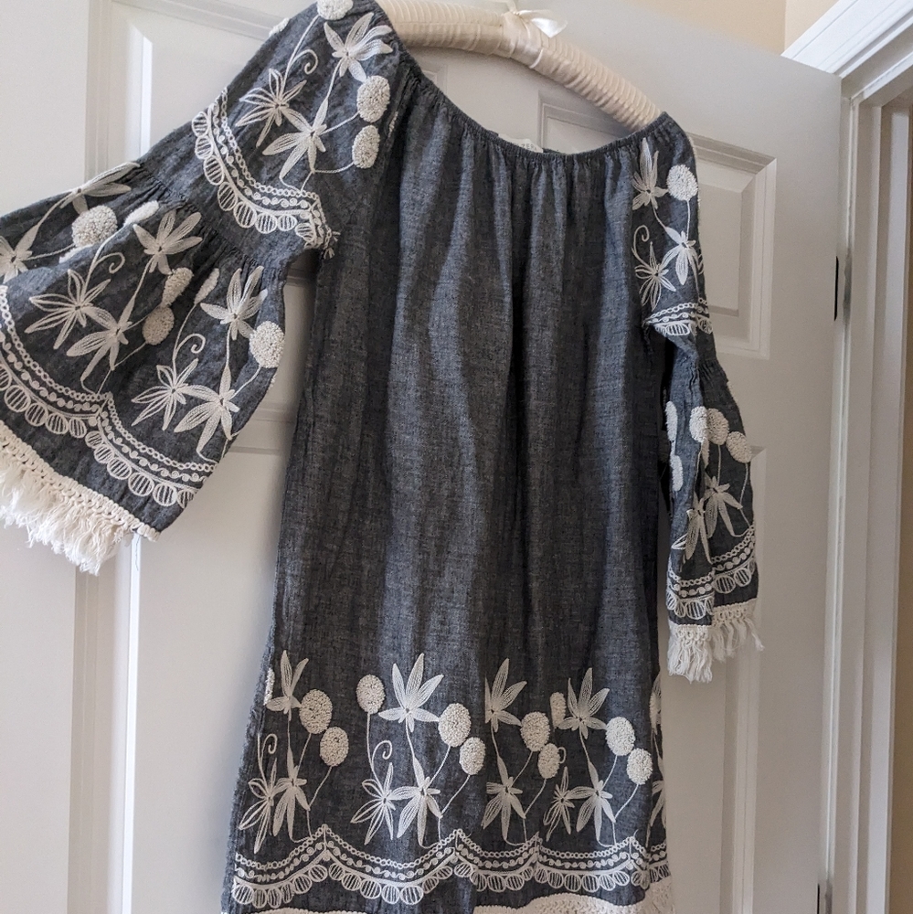 Velzera tunic top embroidered boho floral motif fringe mini dress L
